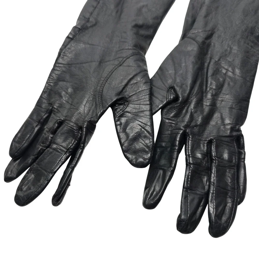 Vintage Black Gloves Leather Cowhide Women sz 7 Japan Mid Length WPL 9939 Luxury